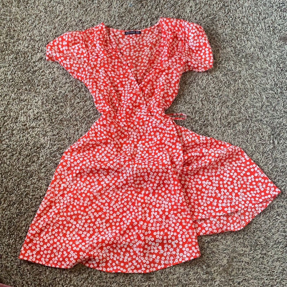 Red floral wrap sundress